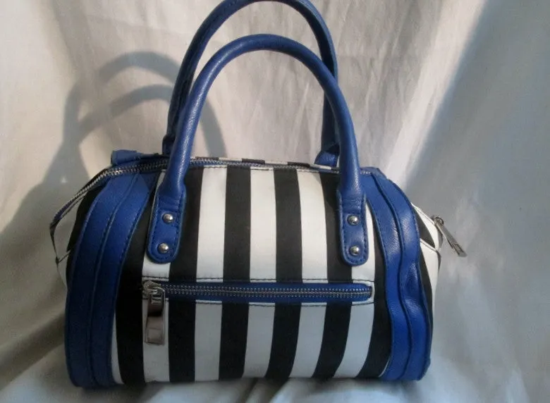 AVON Vegan Mini Duffle Purse Satchel Handbag Gym Bag BLACK WHITE BLUE Stripe