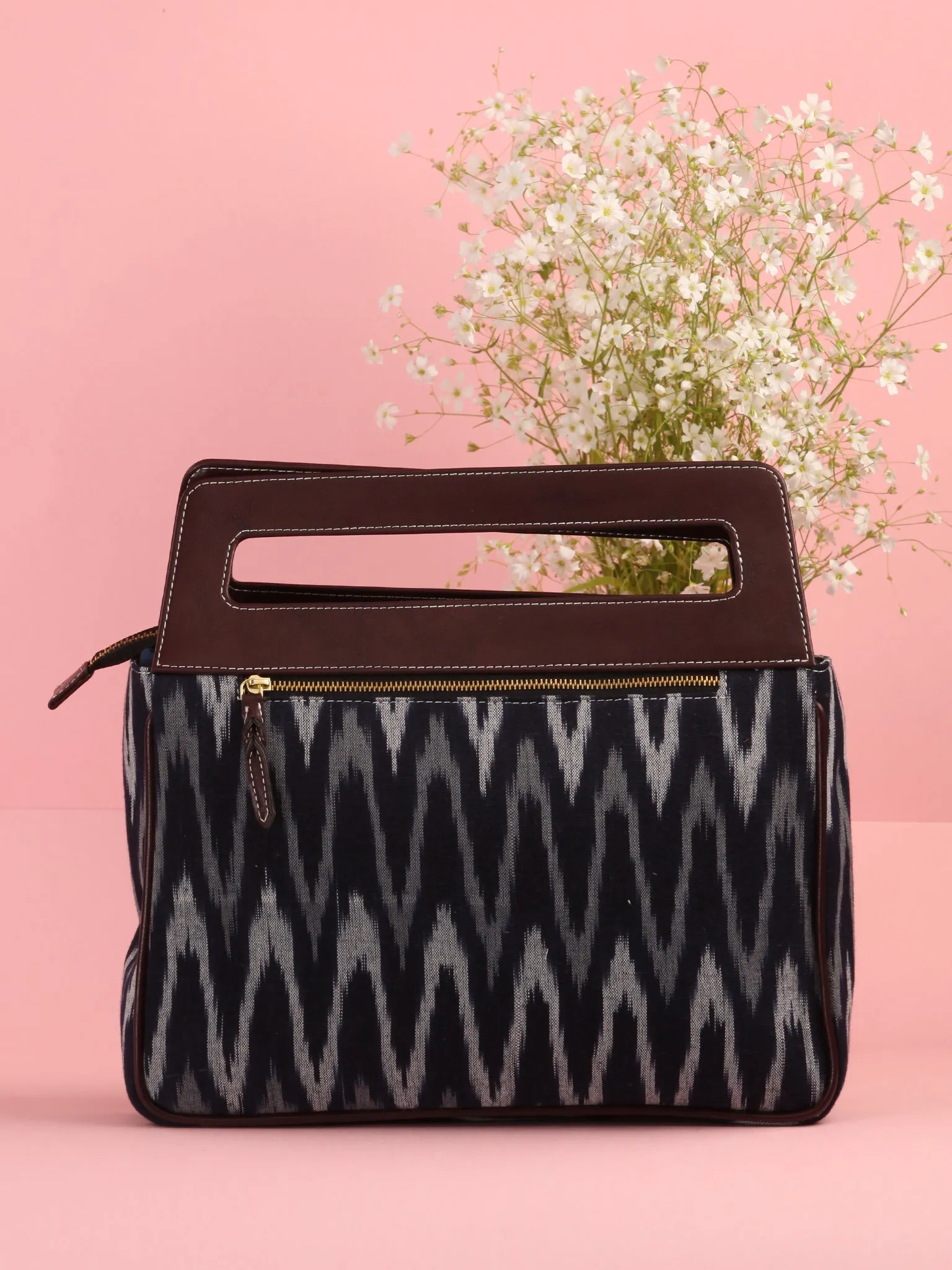 Black Grey Ikat Baguette Bag with Vegan Leather Top Handles - B0908