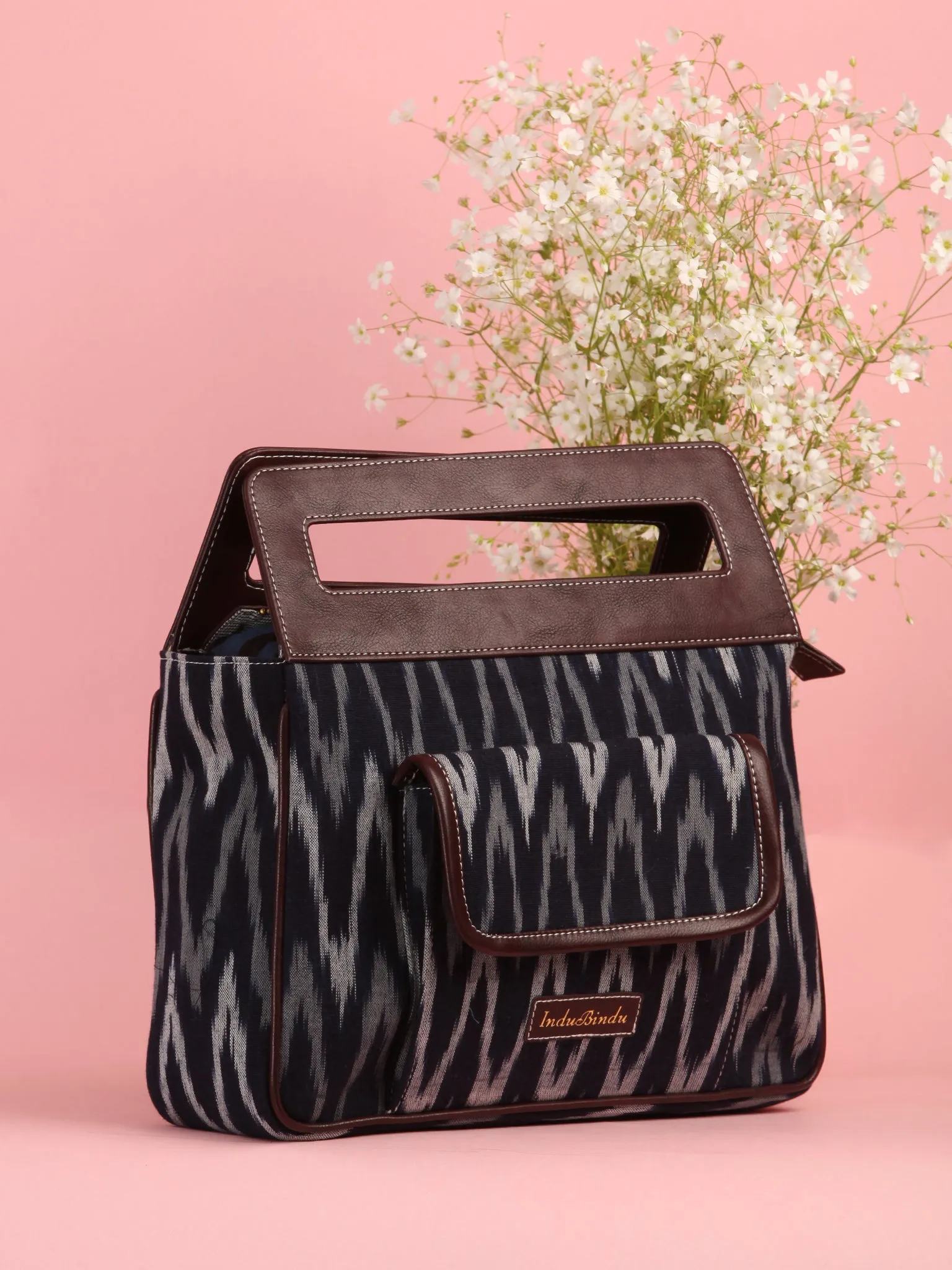 Black Grey Ikat Baguette Bag with Vegan Leather Top Handles - B0908