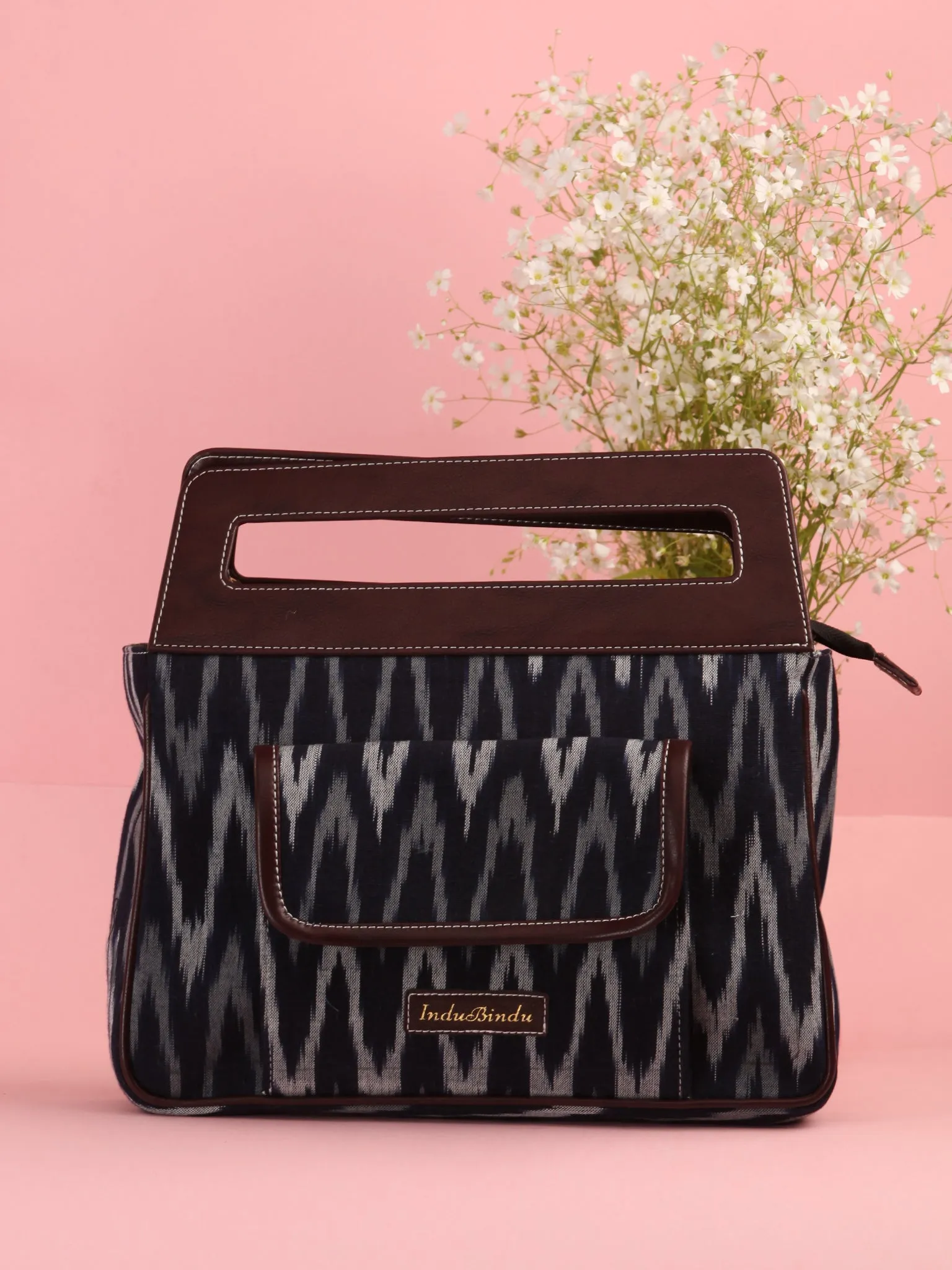 Black Grey Ikat Baguette Bag with Vegan Leather Top Handles - B0908