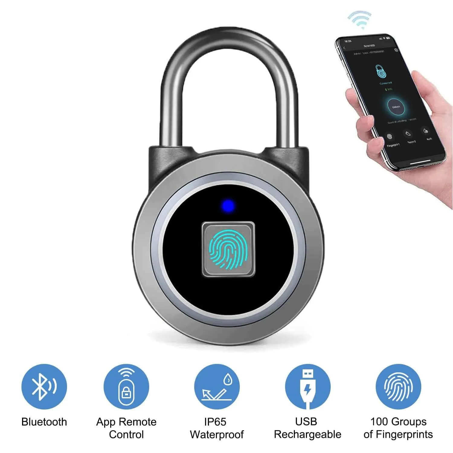 Fingerprint Padlock, Bluetooth Lock, Mobile APP, Keyless Biometric.