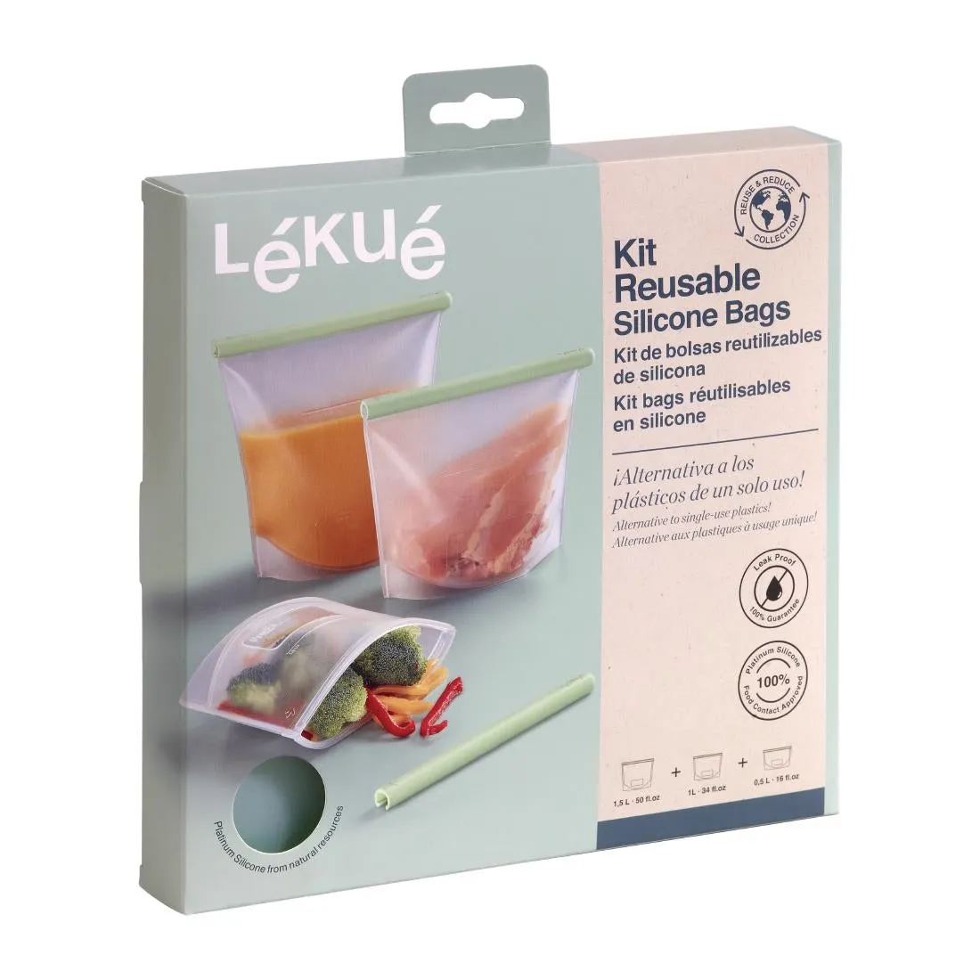 FS288 Lekue Reusable Silicone Food Storage Bag Kit (500ml   1L   1.5L)