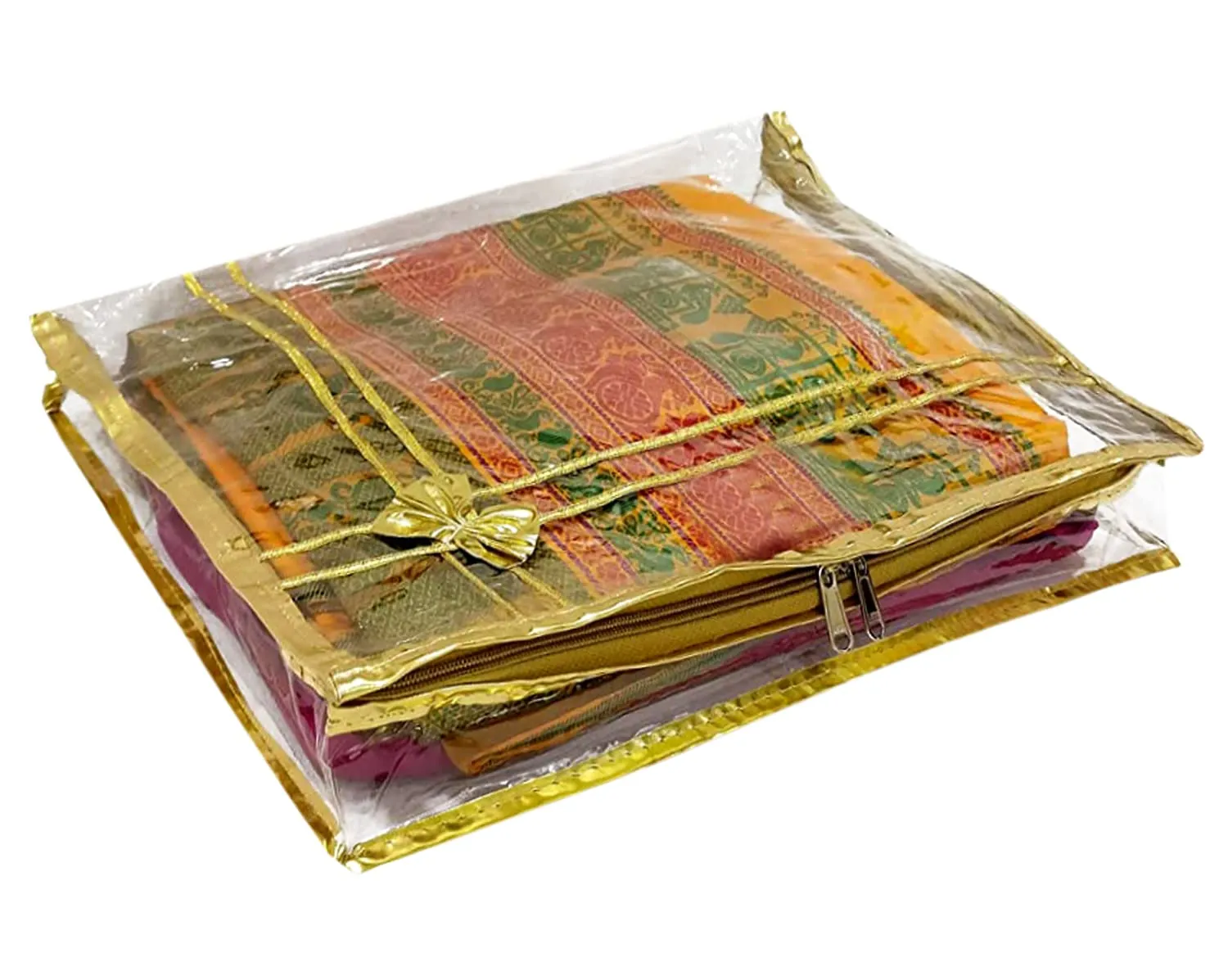 Heart Home Bow Design 3" inch Tranasparent PVC Foldable, Waterproof Saree Cover, Saree Organizer With Golden Border- Pack of 2 (Gold)-HS_38_HEARTH21551