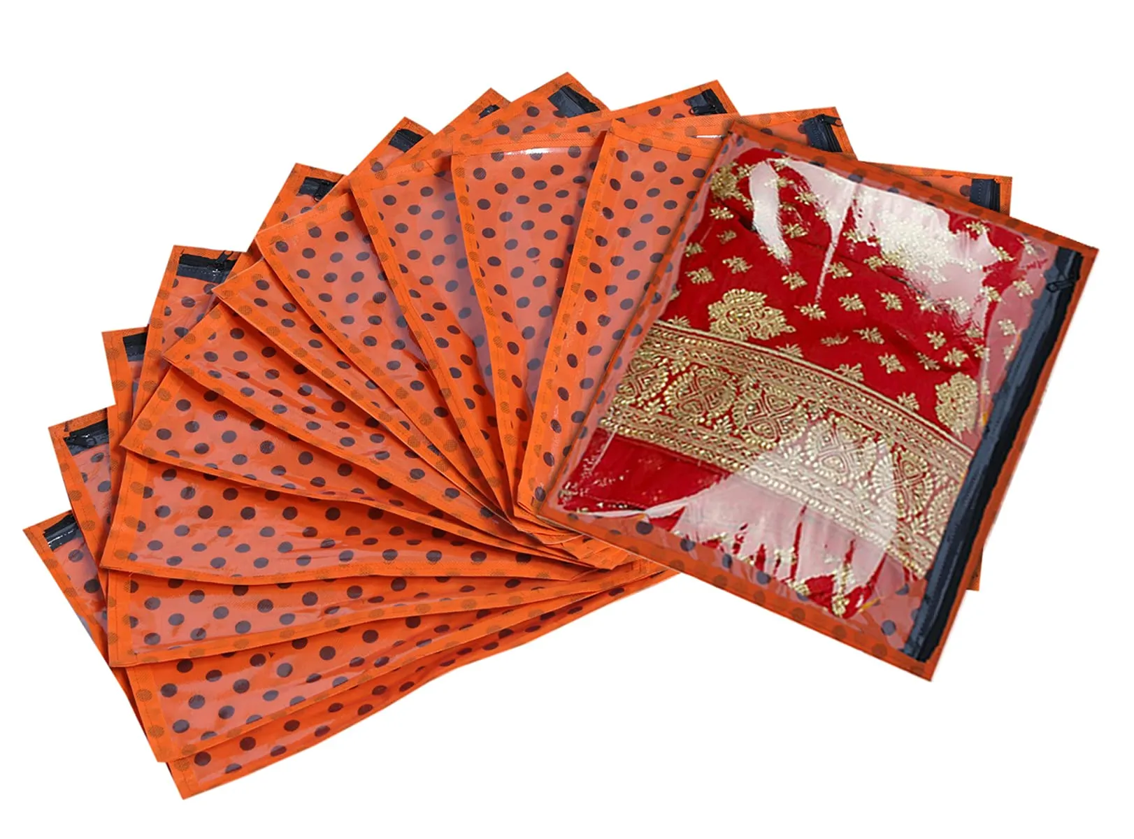 Kuber Industries Dot Printed Tranasparent Non Woven Single Saree Cover- Pack of 12 (Orange)-HS_38_KUBMART21640