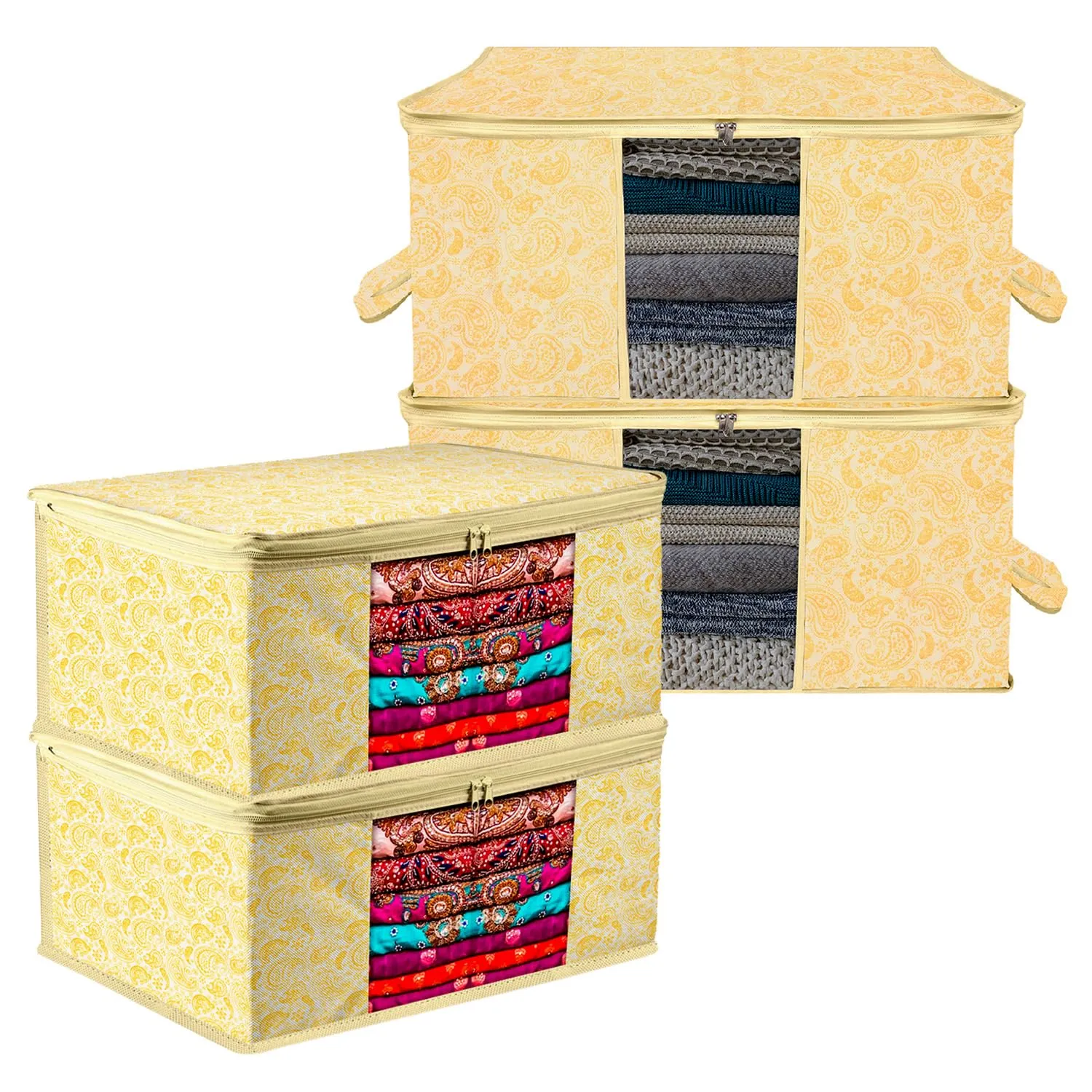 Kuber Industries Saree Cover & Underbed Stoarge Bag Set | 2 Pieces Saree & 2 Pieces Underbed Storage Bag Combo Set | Zipper Closure & Handle | Carry-Design | Set of 4 | Yellow