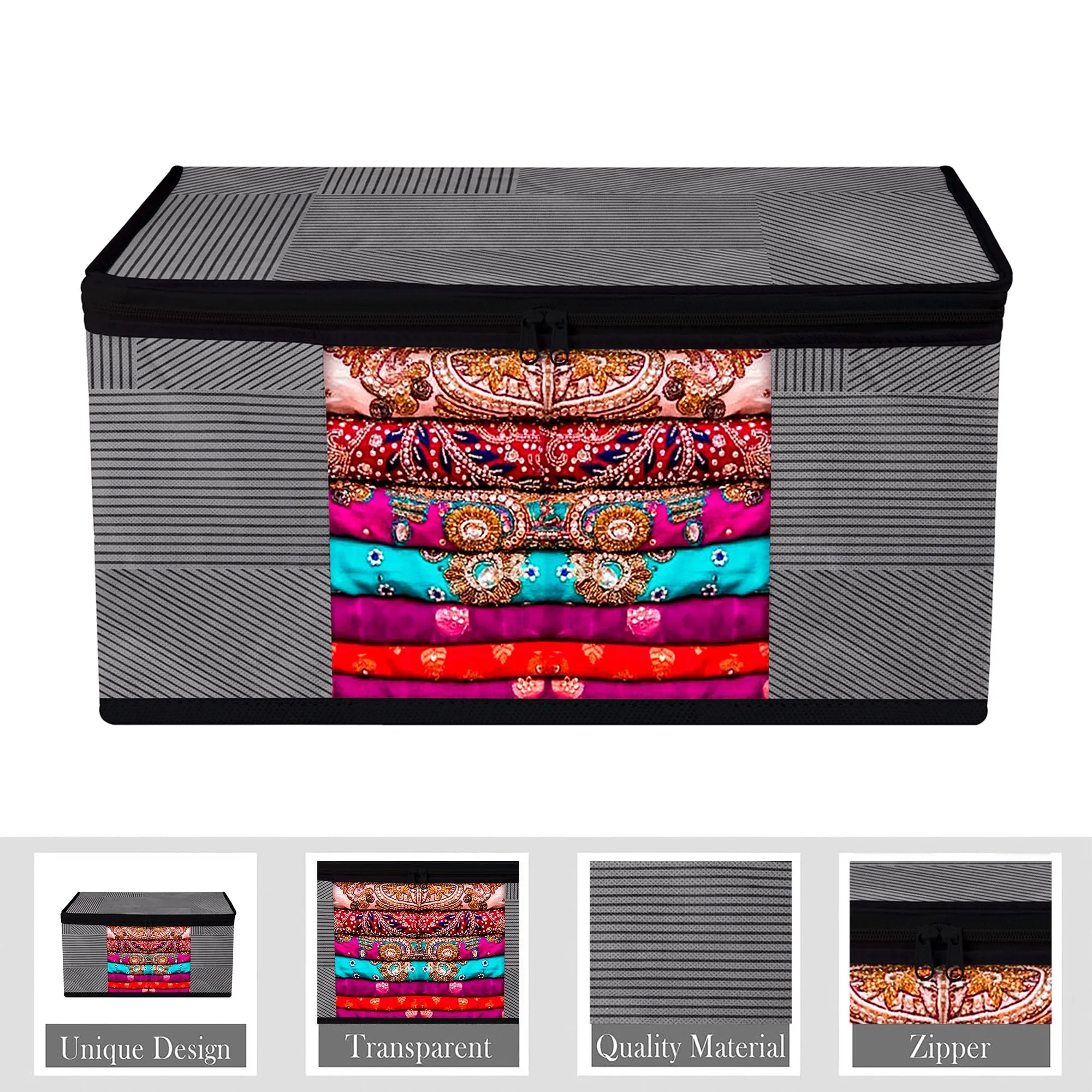 Kuber Industries Saree Cover & Underbed Stoarge Bag Set | 3 Pieces Saree & 3 Pieces Underbed Storage Bag Combo Set | Zipper Closure & Handle | Lining-Design | Set of 6 | Gray