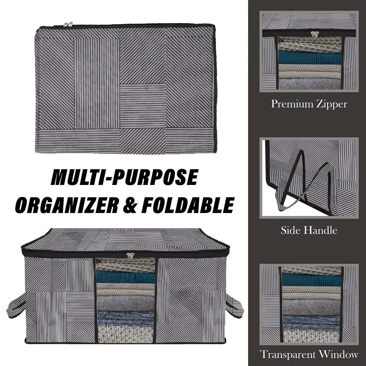 Kuber Industries Saree Cover & Underbed Stoarge Bag Set | 3 Pieces Saree & 3 Pieces Underbed Storage Bag Combo Set | Zipper Closure & Handle | Lining-Design | Set of 6 | Gray