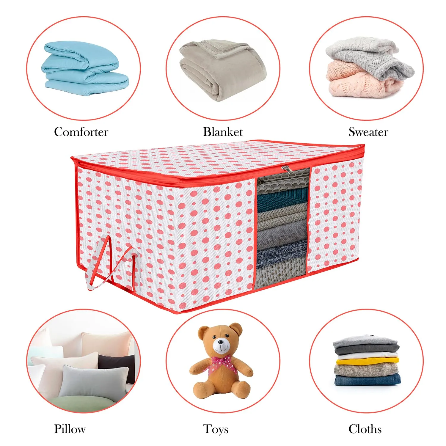 Kuber Industries Underbed Storage Bag | Clothes Storage Organizer | Blanket Cover with Clear Window | Zipper Closure & Handle Cloth Organizer | Dot-Design | Large | Pack of 6 | Red