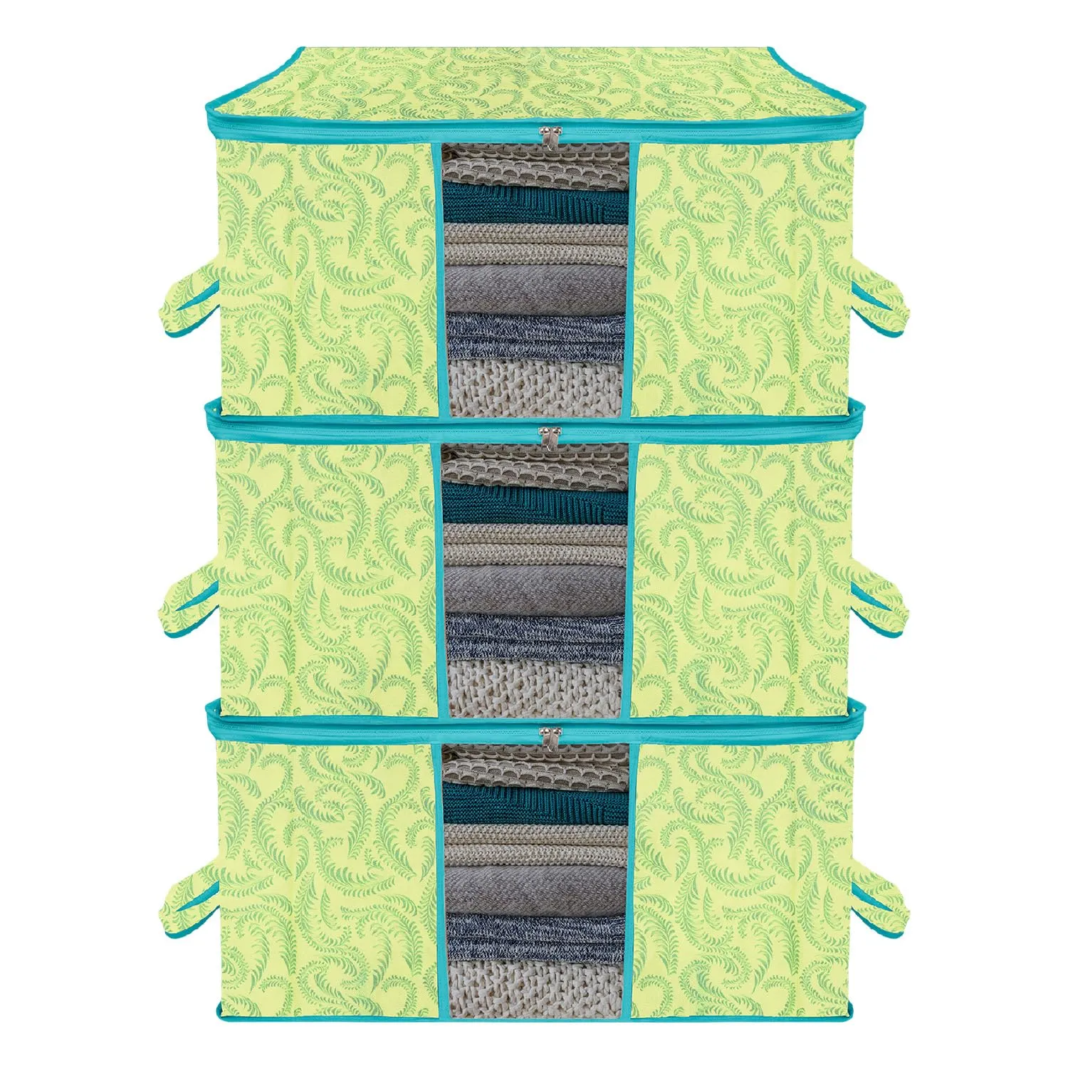 Kuber Industries Underbed Storage Bag | Clothes Storage Organizer | Blanket Cover with Clear Window | Zipper Closure & Handle Cloth Organizer | Leaf-Design | Large | Pack of 3 | Green