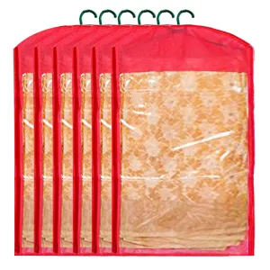 Kuber Industries Woven Hanging Saree Cover Wardrobe Organiser With Hanger|Zipper Closure|Pack of 6 (Red)