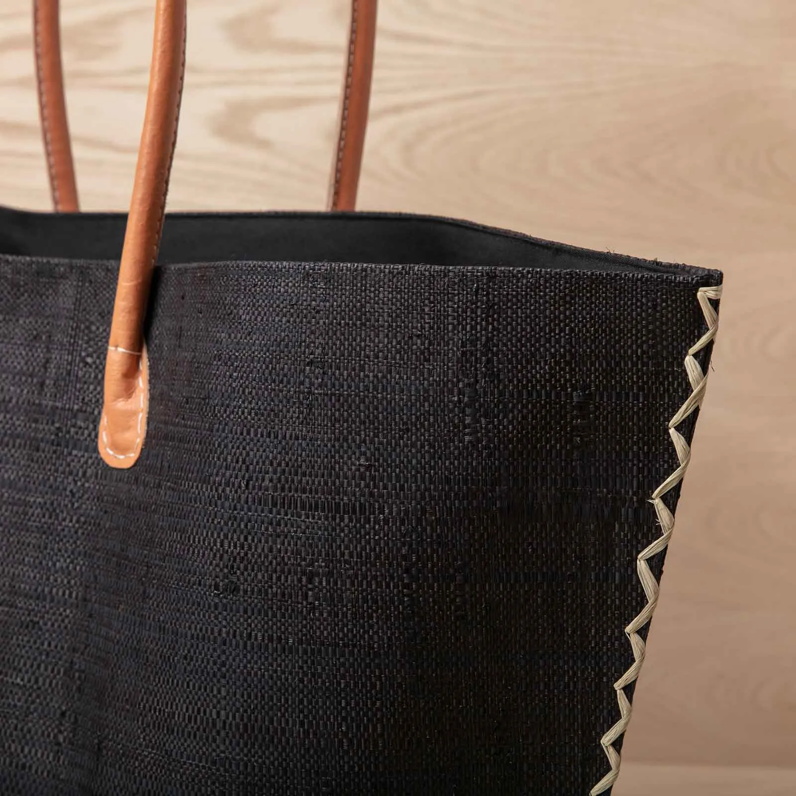 Raffia Black Tote with Leather Handle