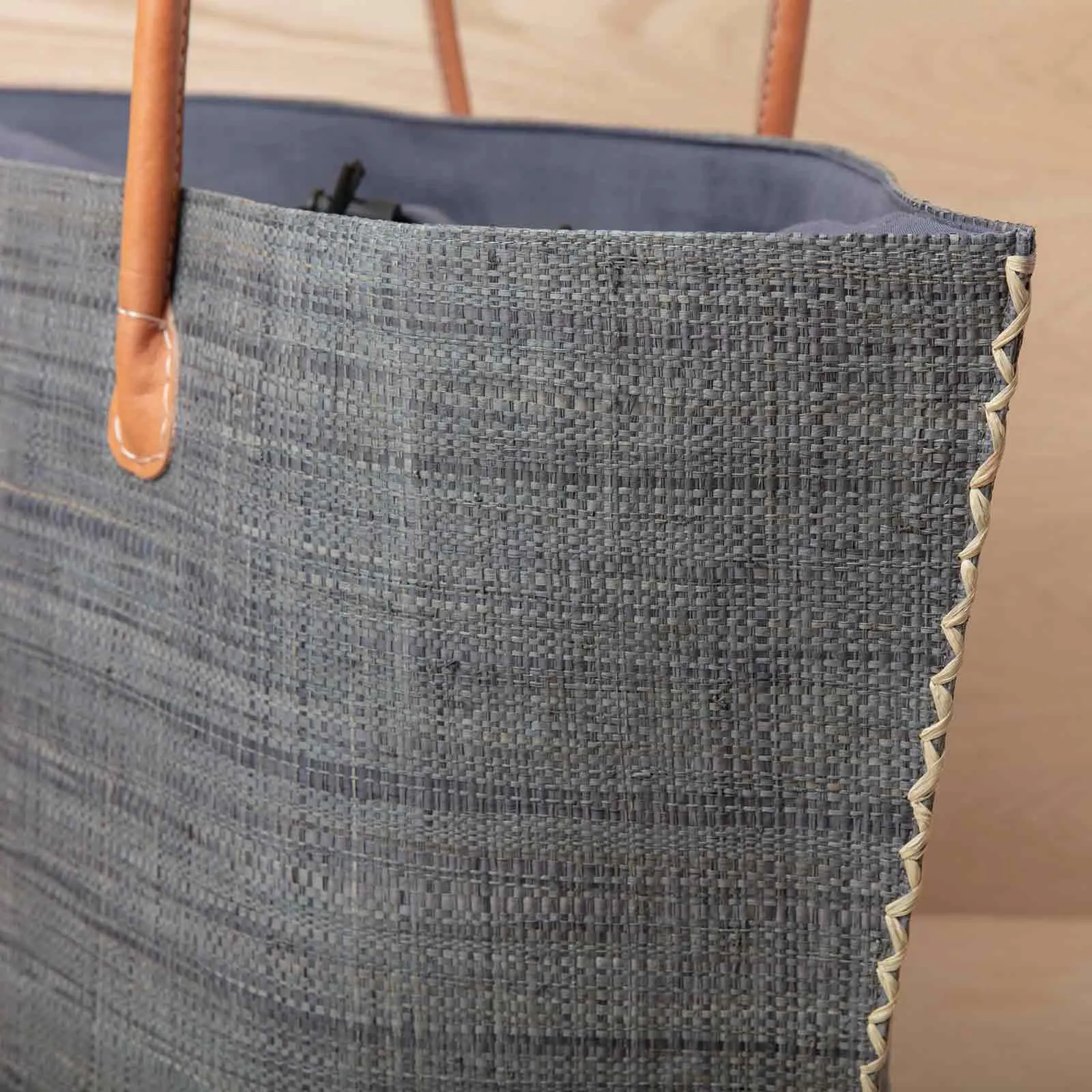 Raffia Grey Tote with Leather Handle