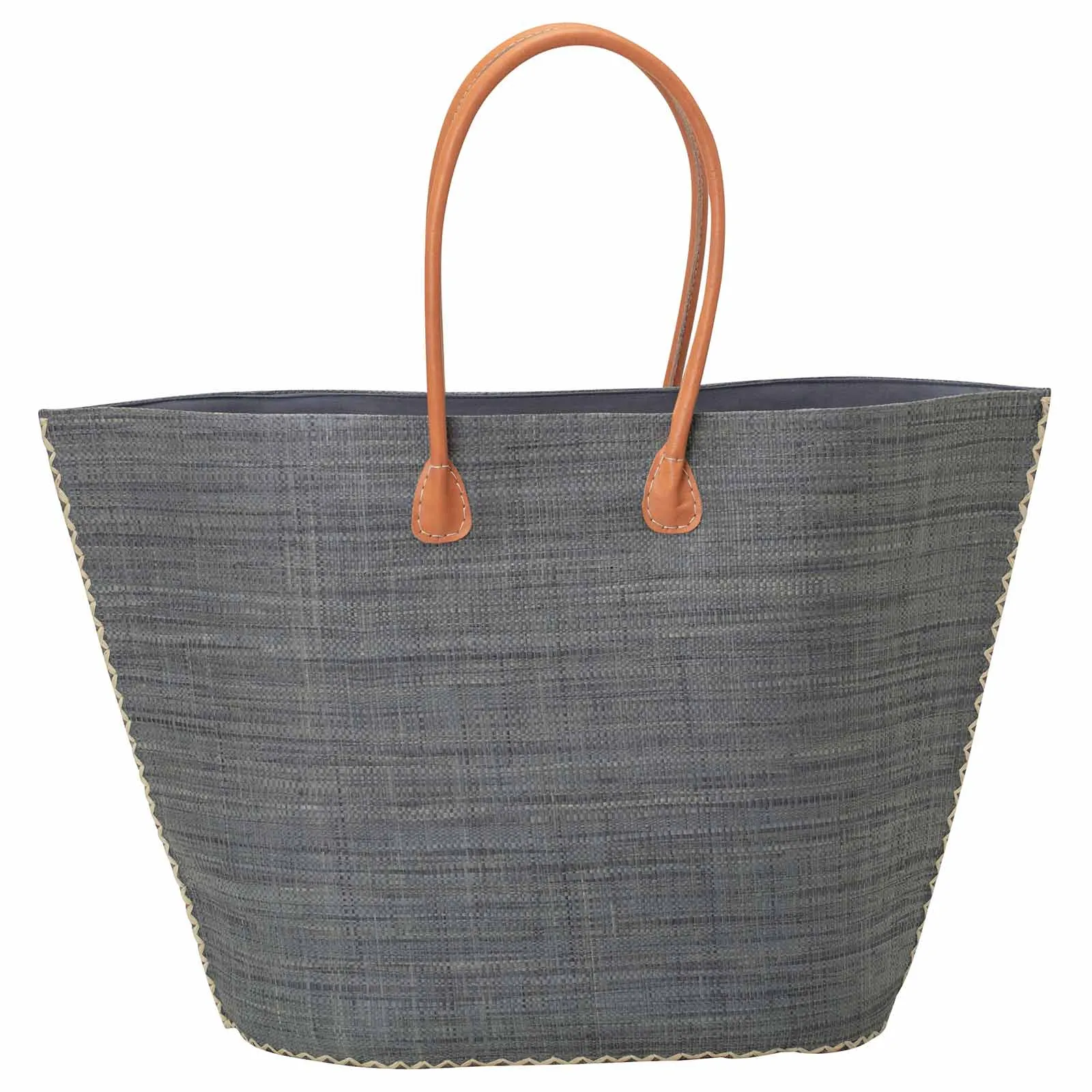 Raffia Grey Tote with Leather Handle