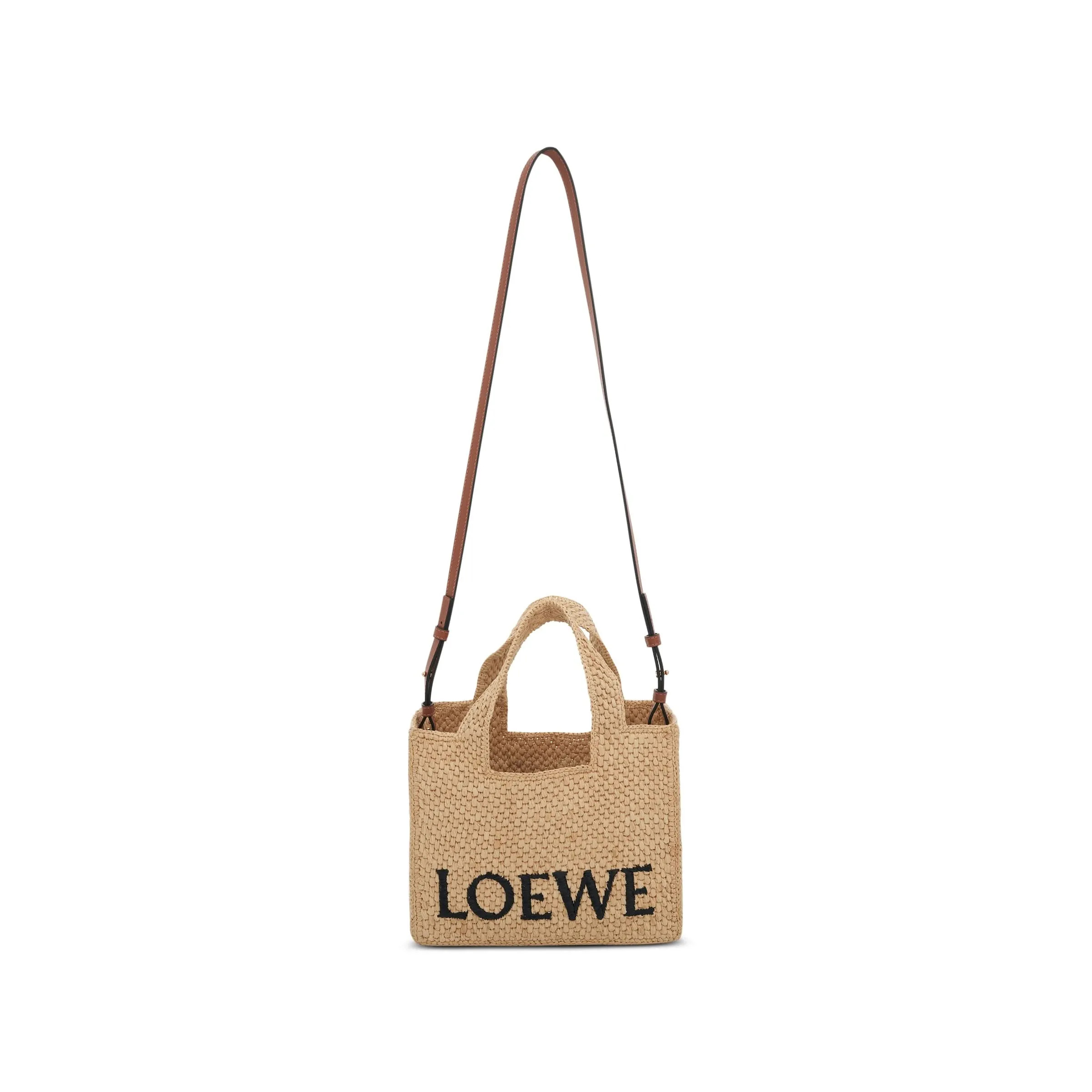 Small Logo Font Tote Bag in Raffia and Calfskin in Natural