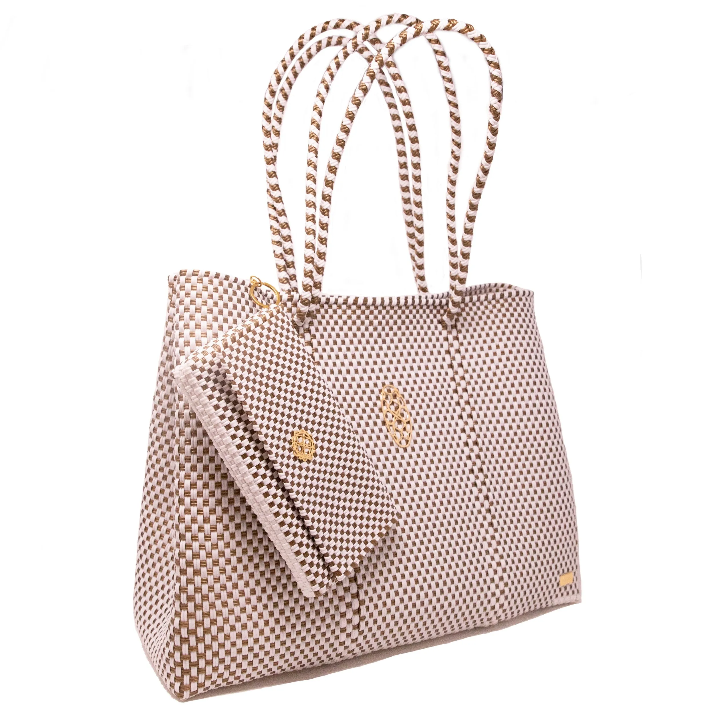 TRAVEL WHITE GOLD CHECKERED TOTE WITH CLUTCH