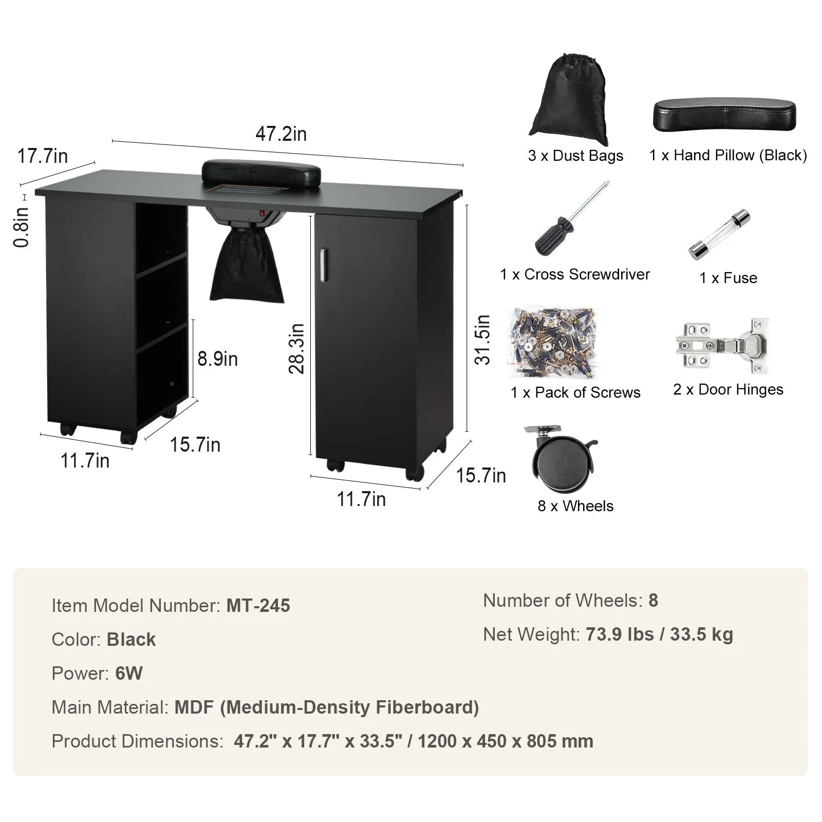 Vevor Manicure Table with Dust Collector MDF Workstation 8 Wheels 3 Dust Bags and Wrist Rest New