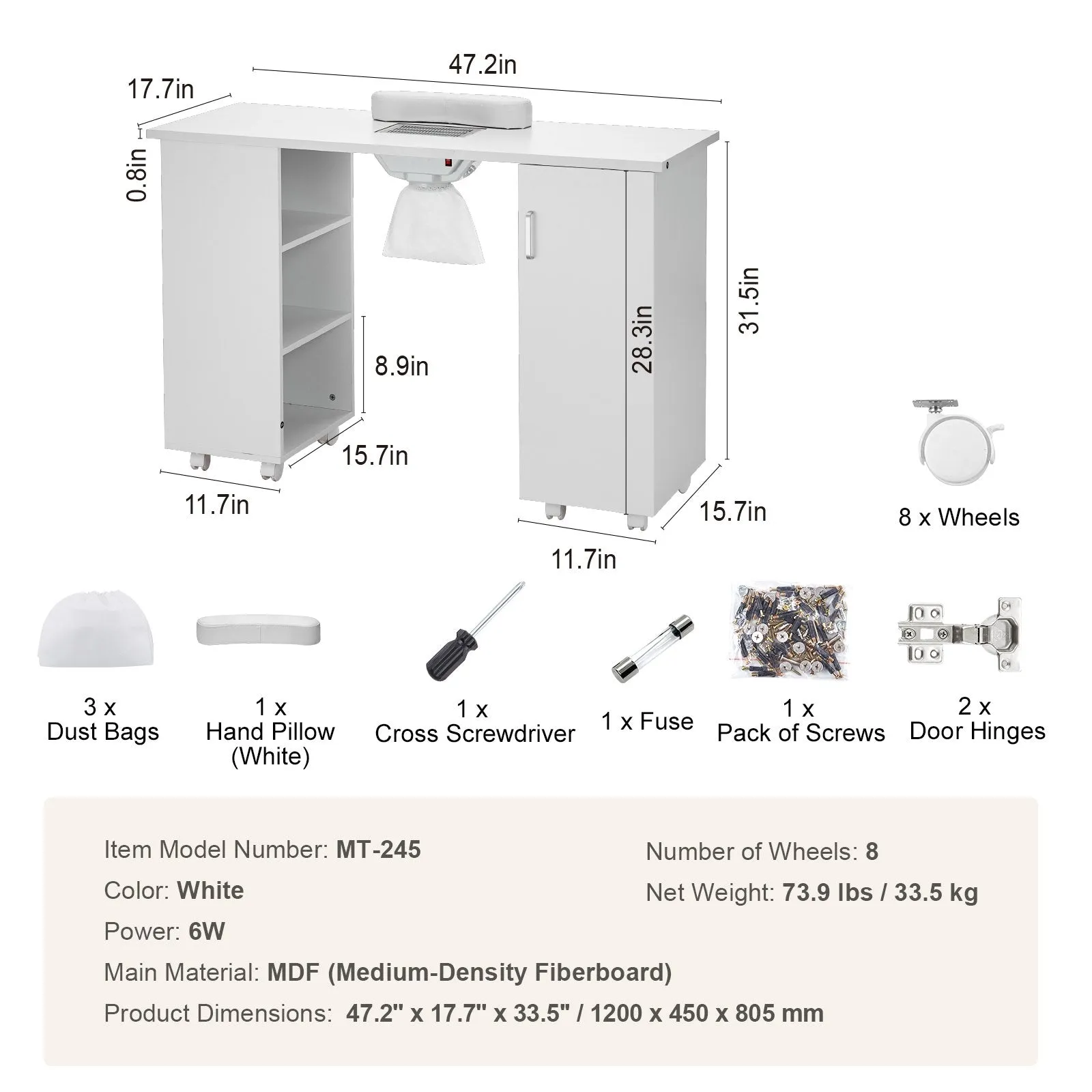 Vevor Manicure Table with Dust Collector MDF Workstation 8 Wheels 3 Dust Bags and Wrist Rest New